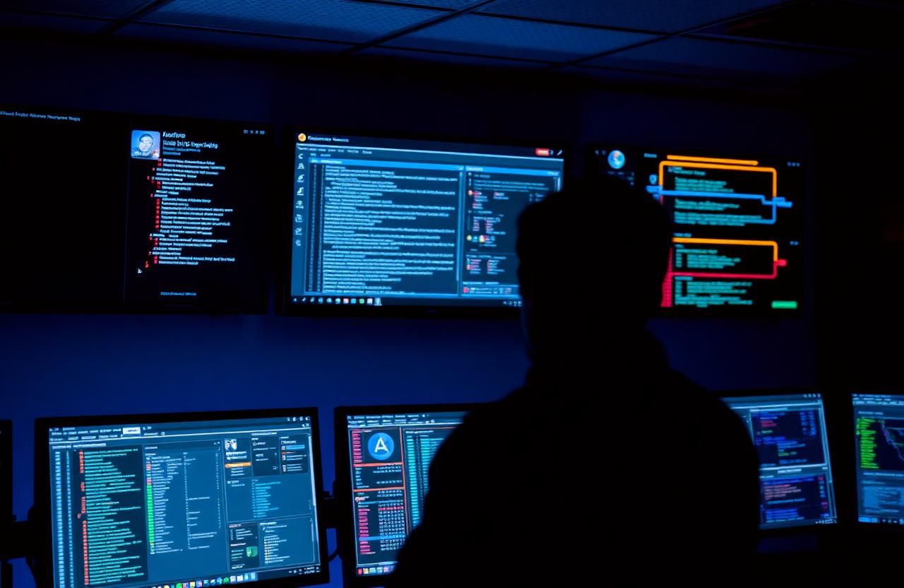 A security operations center monitoring chat logs and prompt-injection alerts in real time.